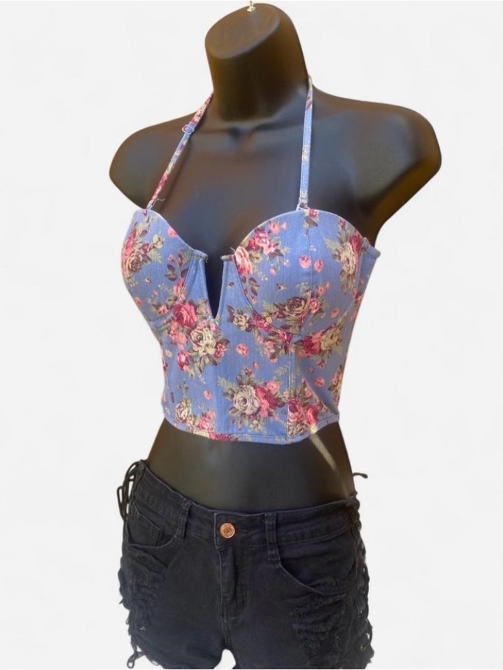 2010s Tumblr Blue Floral Bustier Halter Top